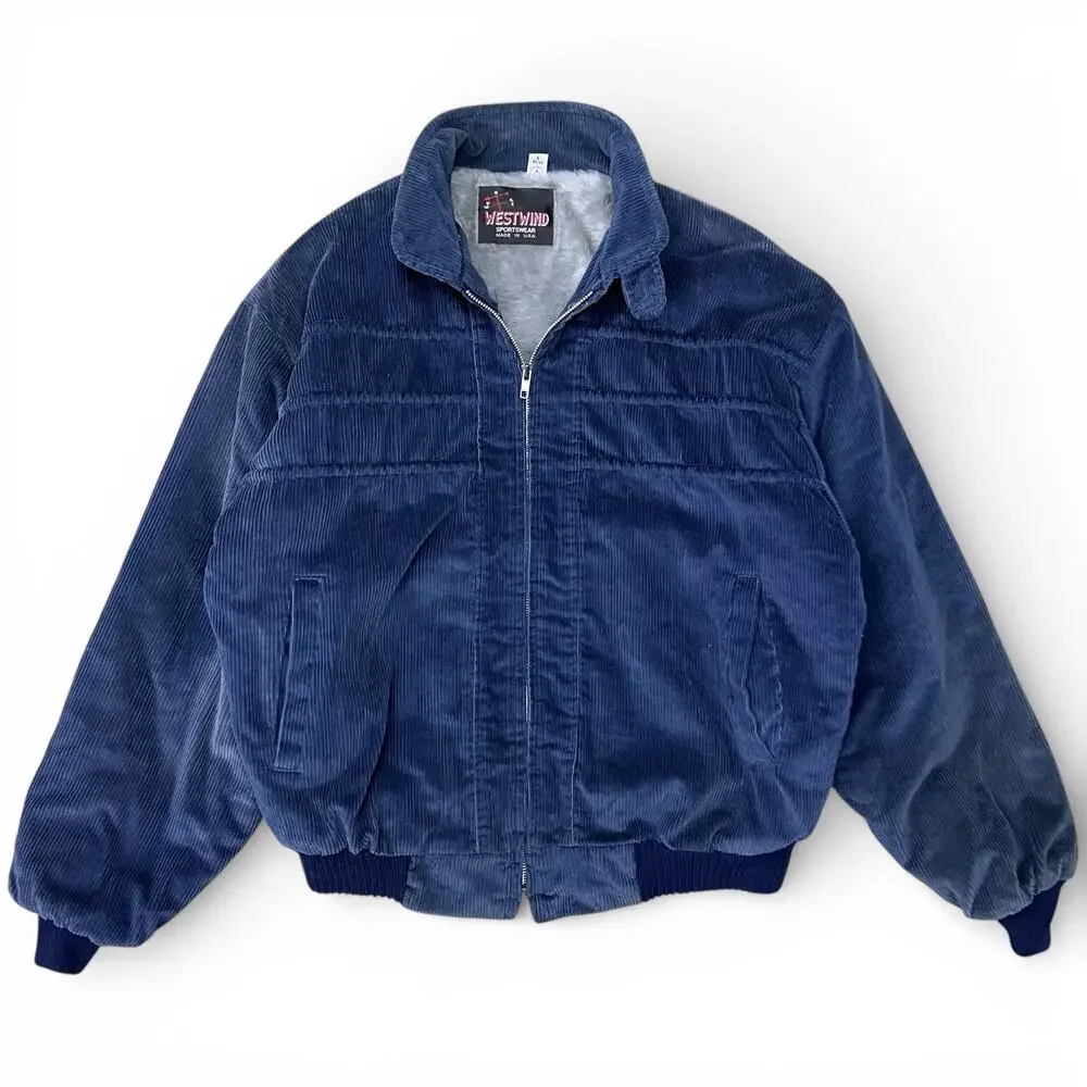 Vintage 80s Faded Corduroy Westwind Lined Winter Navy Blue Bomber Jacket L USA